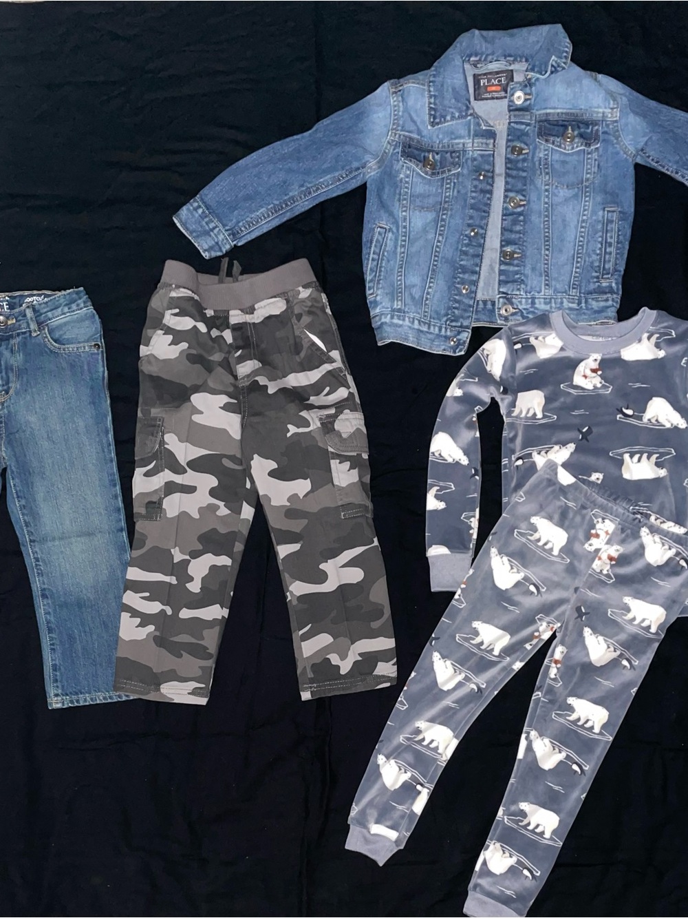 Toddler boys carter’s jeans /jacket camouflage pants size 3T. Pajama set 4t